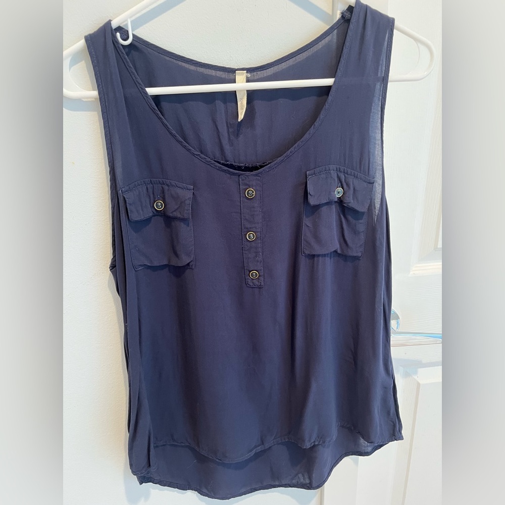 Joelle blue tank with gold button and pocket detail, size L